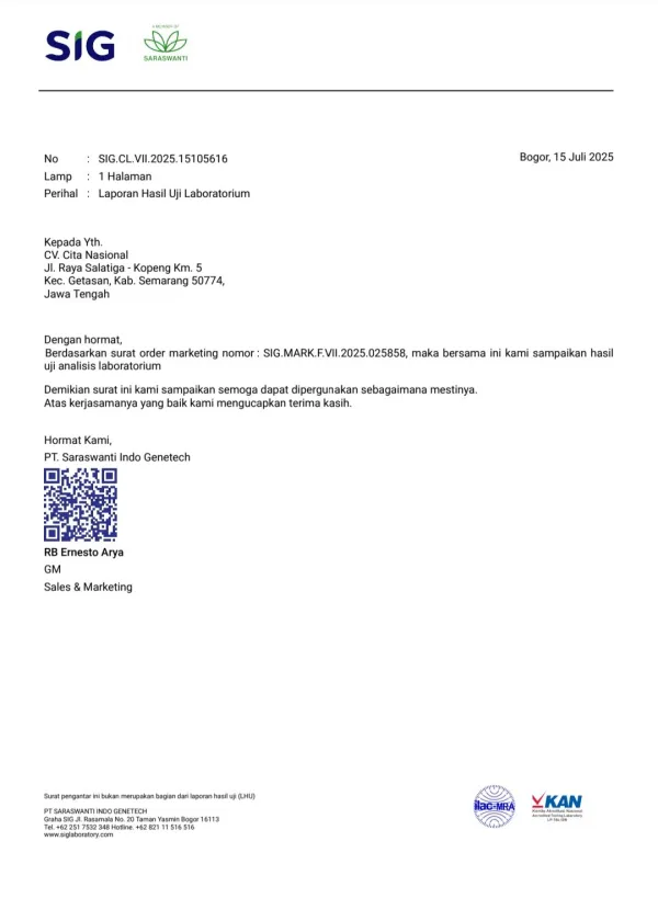 Hasil Uji Laboratorium Susu Nasional nomor SIG.LHP.VII.2025.151056169
