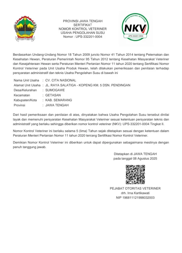 Sertifikat NKV Susu Nasional nomor UPS-332201-0004